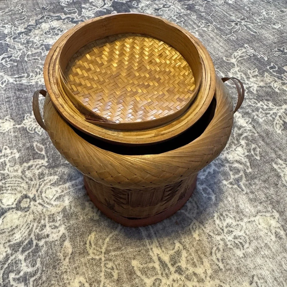 Vintage Shanghai Sticky‎ Rice Hand Woven Basket With Lid